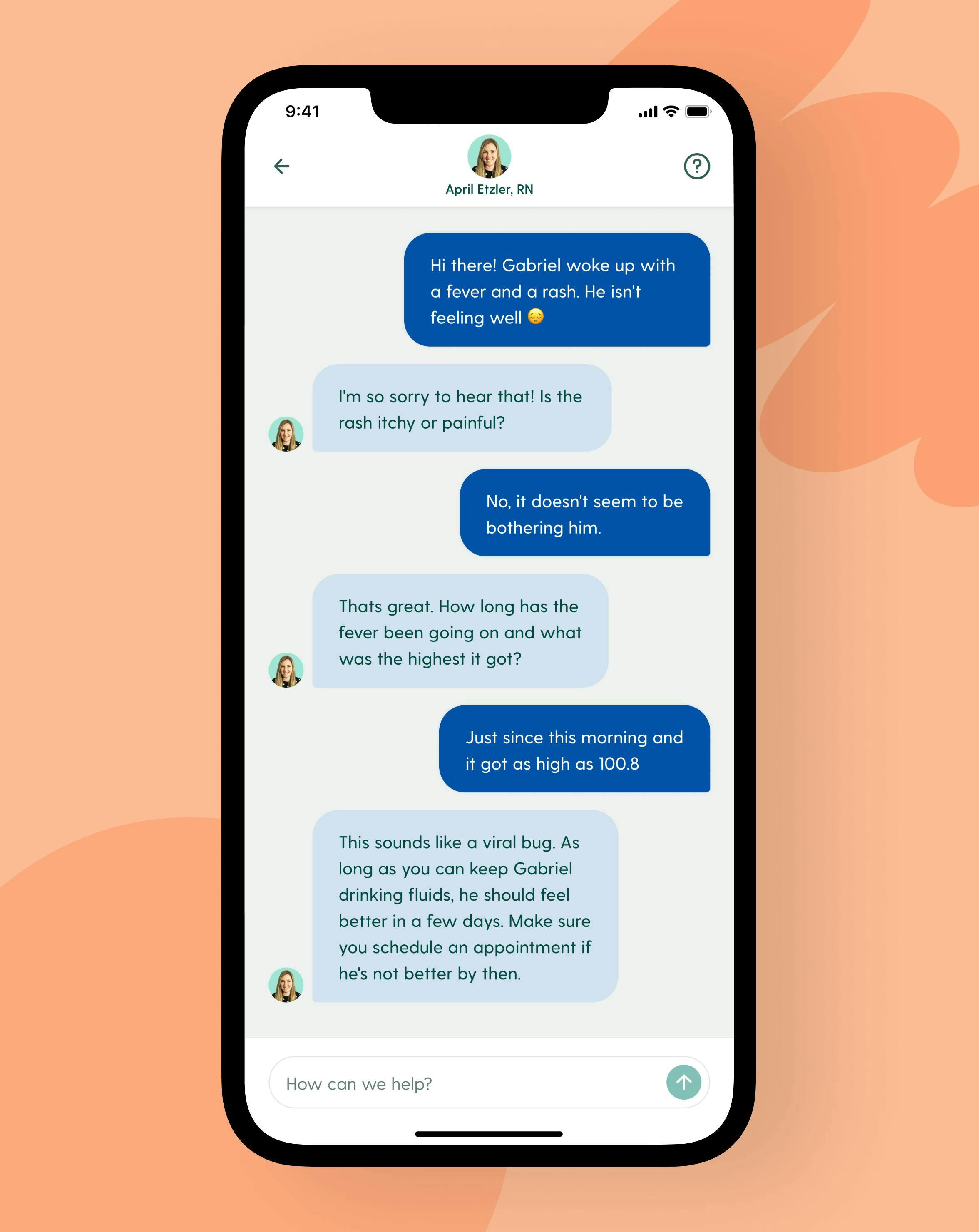 Phone screen displaying chat conversation between a parent and a Brave Care pediatric nurse.
