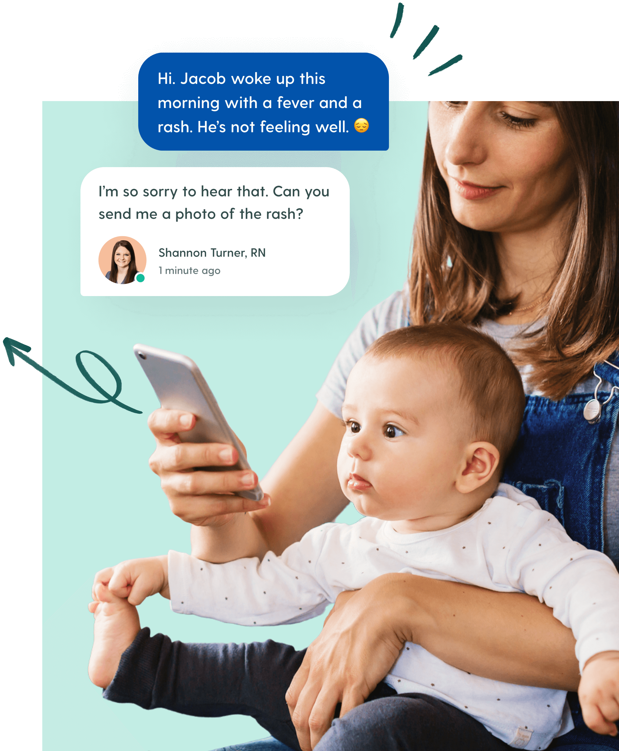 Image of mother holding a baby, both looking at a mobile device, with graphics of a chat exchange between the mother and a Brave Care provider about the baby's symptoms