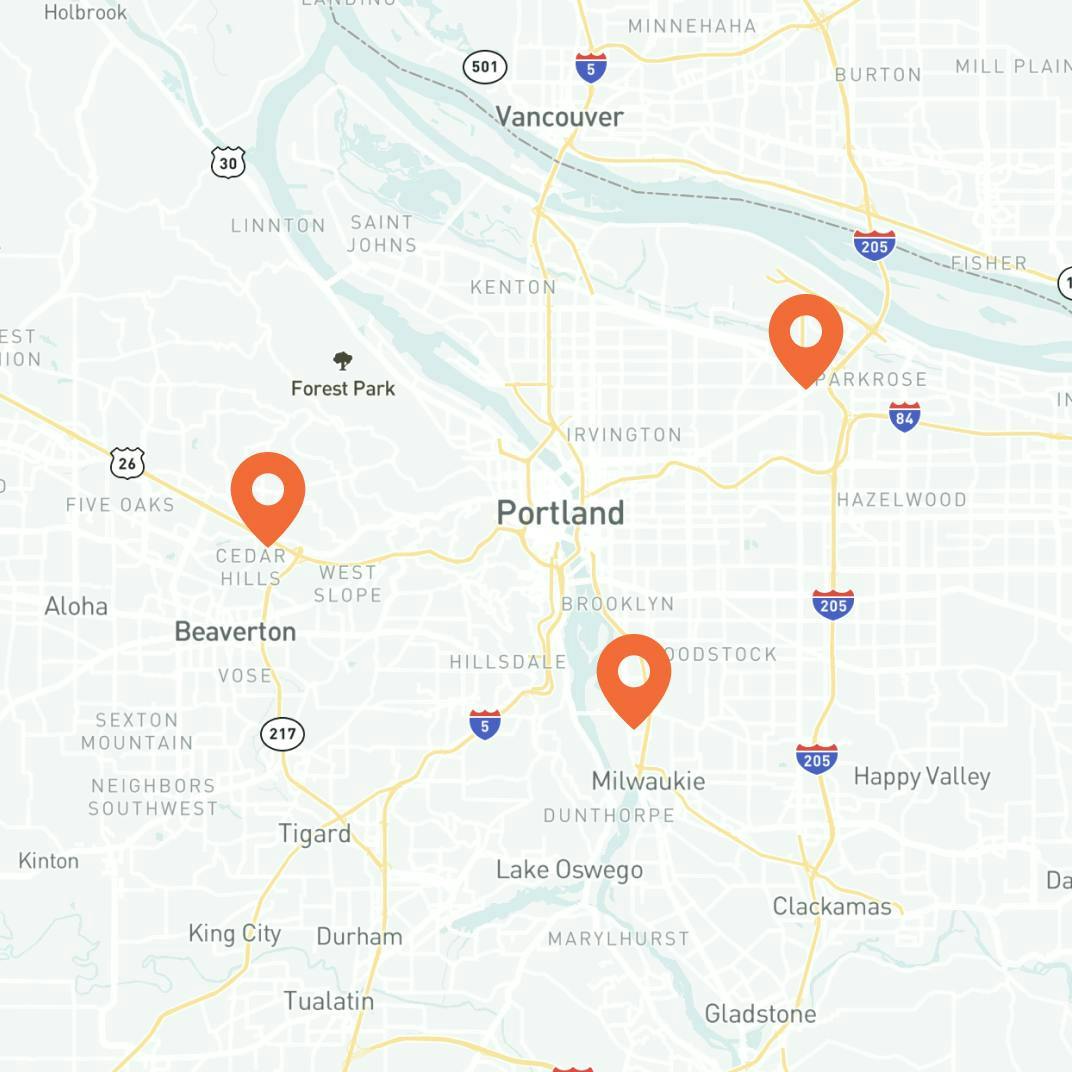 A map of Beaverton and Portland with the Cedar Hills Brave Care clinic highlighted