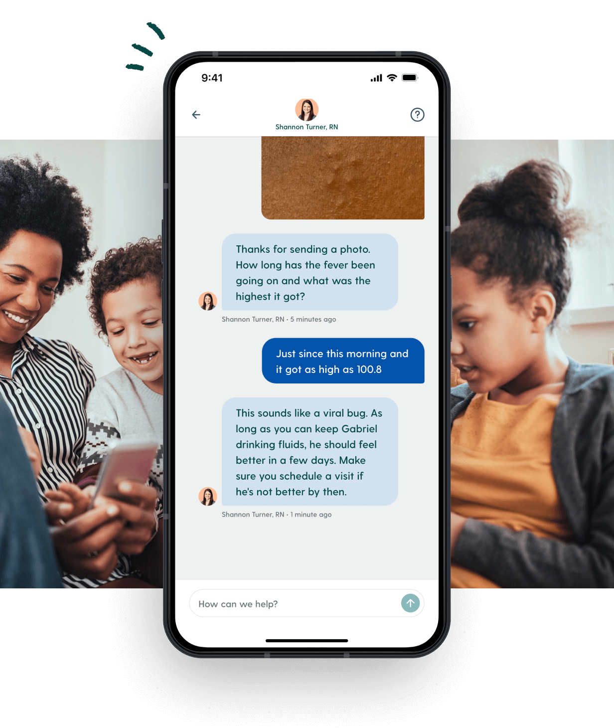Mobile device with a chat exchange between a Brave Care pediatric nurse and a parent overlaid on a photograph of a family looking at a phone