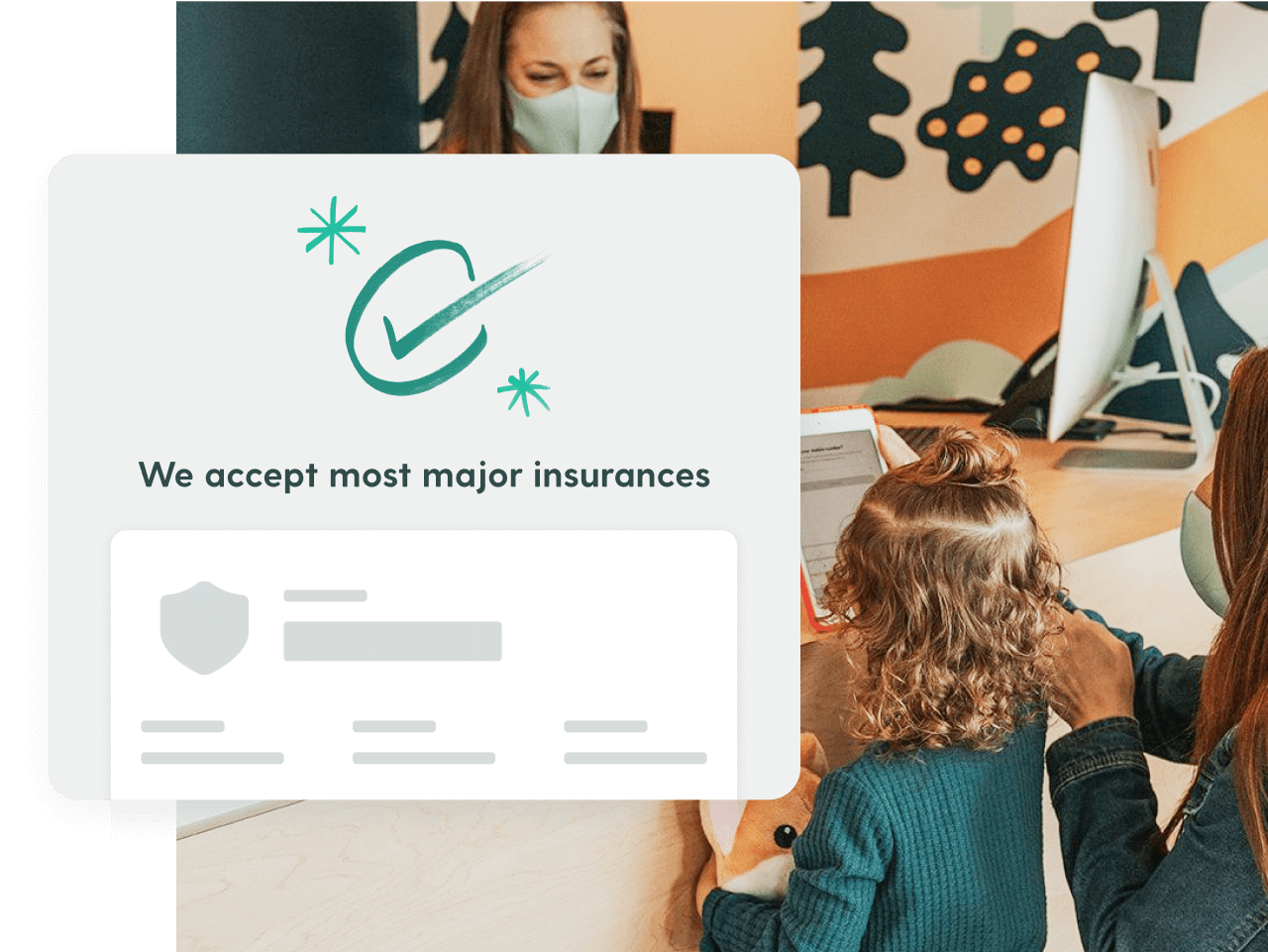 Photograph of parent and child checking in at Brave Care, holding an iPad at reception, with a 'We accept most major insurances' graphic overlaid 